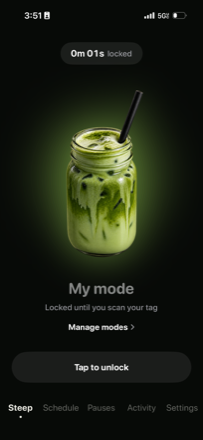 Matcha home screen locked, counting down until the tag is tapped again